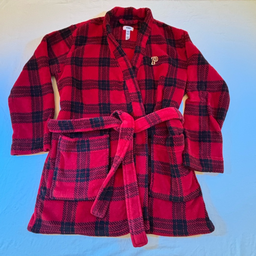 Victoria’s Secret PINK Women’s M/L Red Black Plaid Fleece Robe Belted